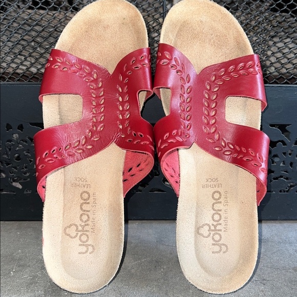 Yukono Slip On Red Leather Sock Open Toe - Picture 3 of 5